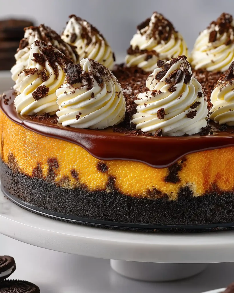 Whole Oreo Cheesecake with a thick cookie crust, creamy cheesecake filling, topped with rich chocolate ganache, piped whipped cream swirls, and Oreo cookie crumbs.