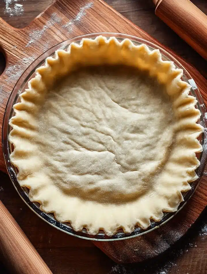 Unbaked pie crust in a glass pie dish on a wooden surface