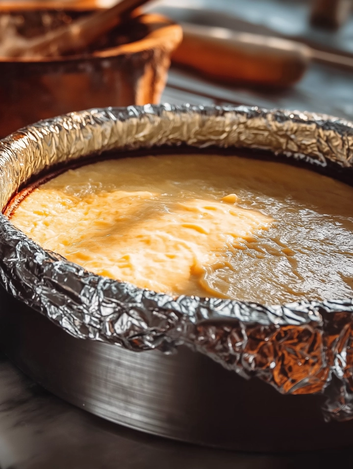 A close-up of a peanut butter cheesecake in a springform pan wrapped with foil, placed inside a roasting pan as hot water is poured carefully to create a water bath for baking.