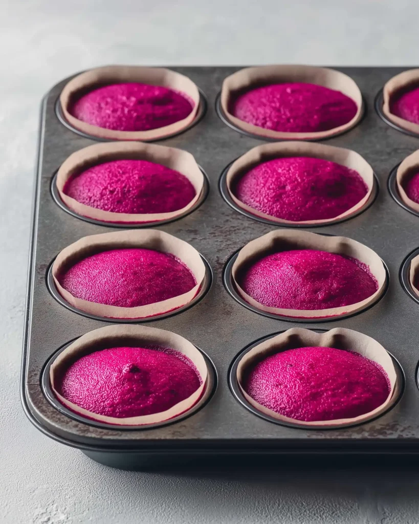 Raw vegan mini cheesecakes with bright magenta blackberry filling in a metal muffin tin, lined with parchment paper strips, ready to chill before serving.