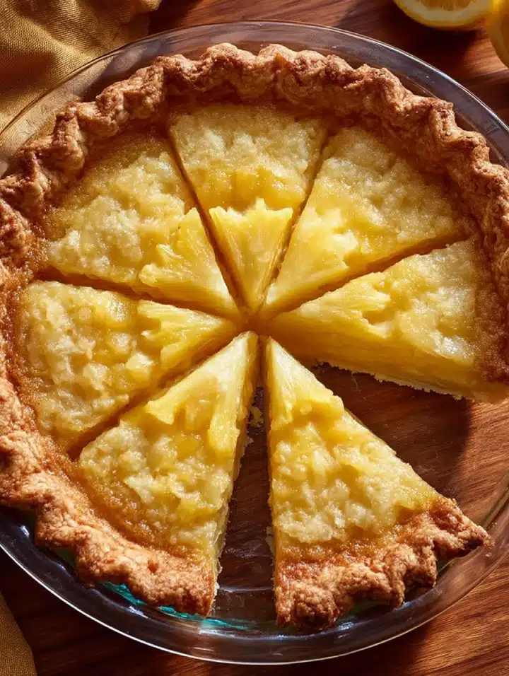 Whole pineapple pie sliced into 8 pieces, in a glass pie dish on a wooden table