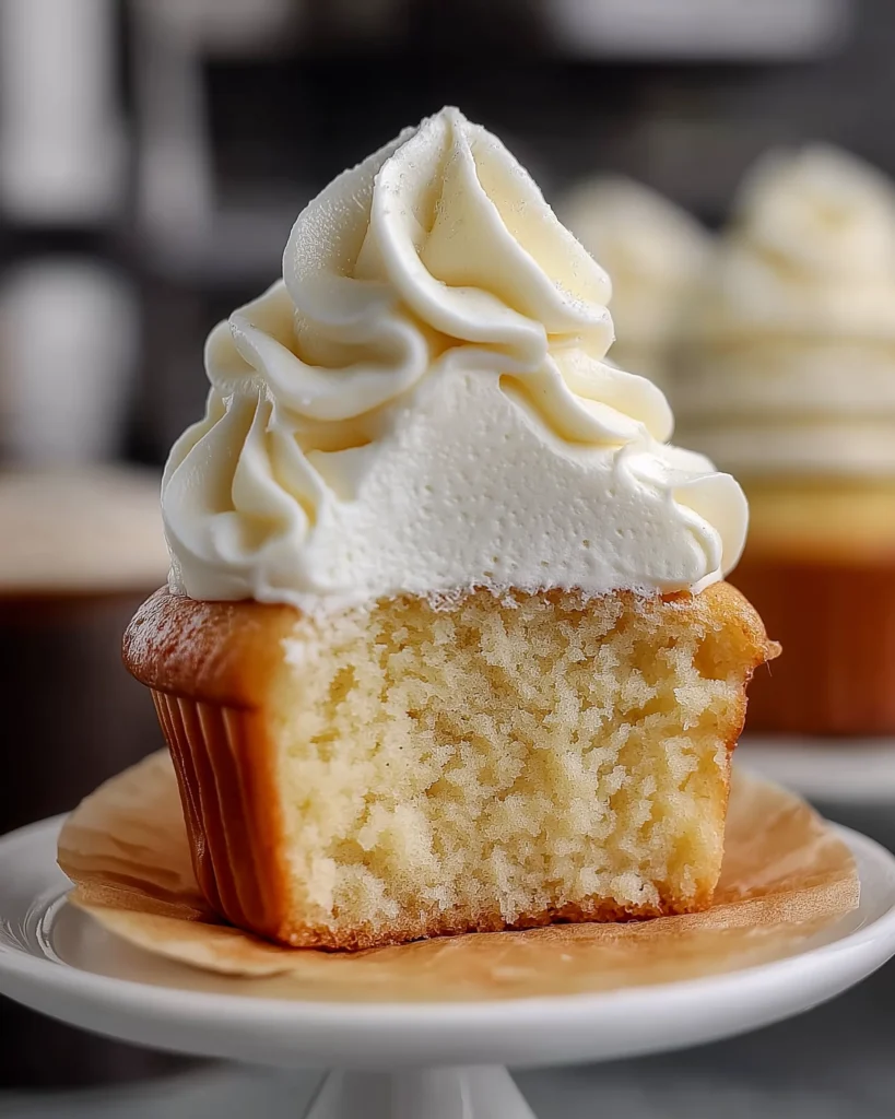 A sliced egg free cupcake recipe topped with creamy dairy-free vanilla frosting, revealing a fluffy and moist crumb, made with almond milk, soy yogurt, and applesauce for a fully eggless and allergy-friendly dessert.