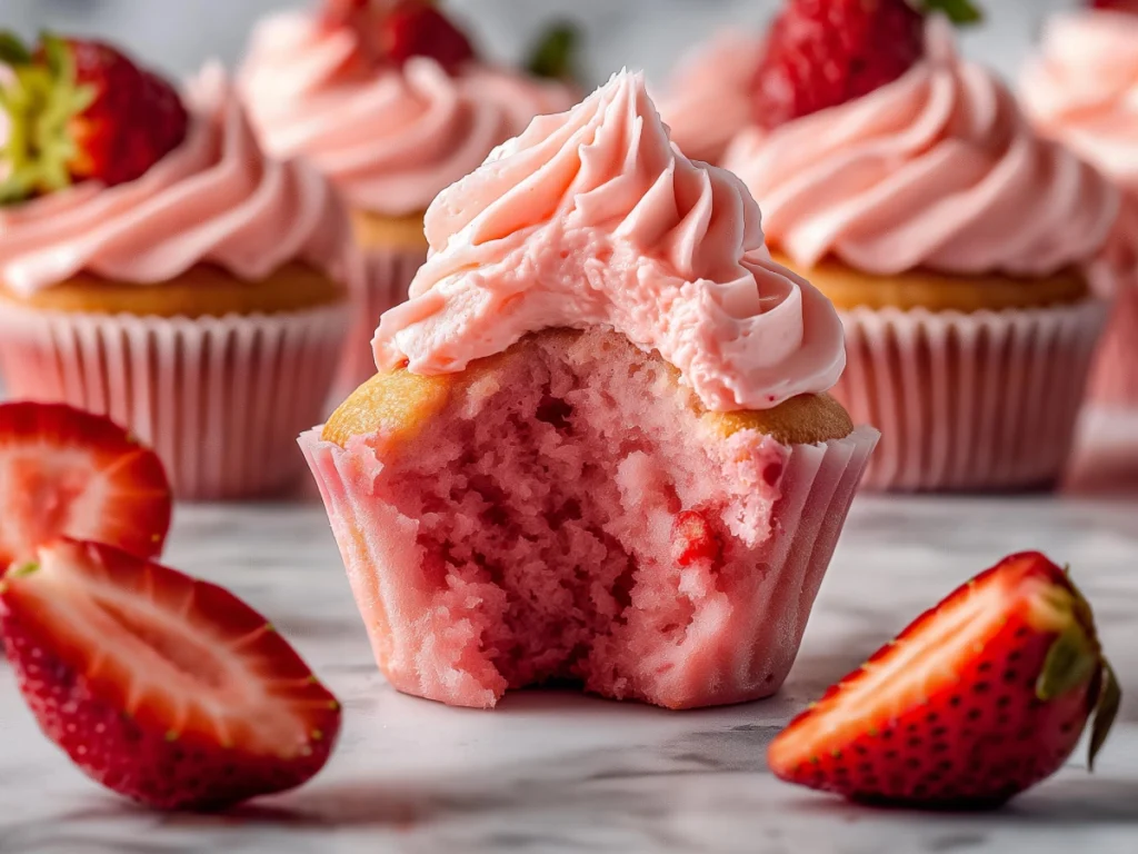 Moist strawberry cupcakes recipe with fluffy pink frosting and fresh strawberries