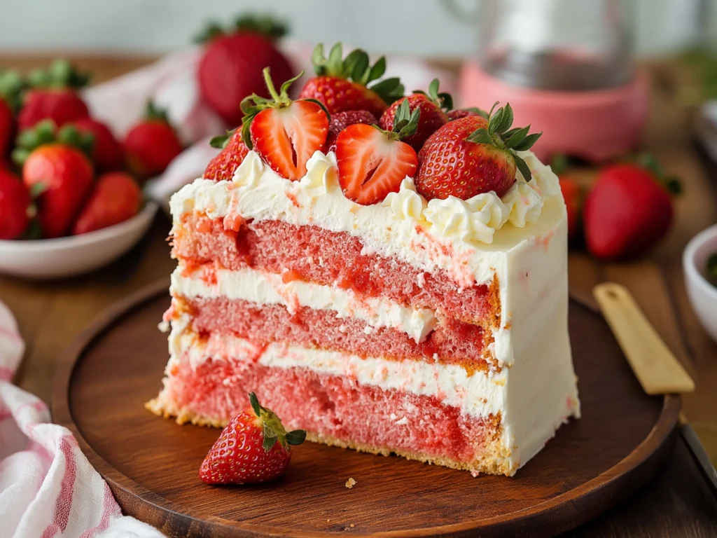 Strawberry jello cake with fresh strawberries, creamy frosting, and a moist white cake base, sliced and ready to serve.