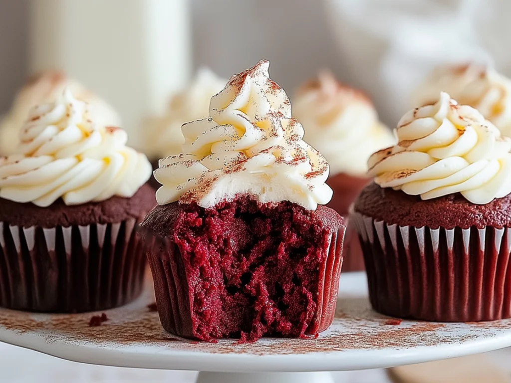 Delicious Gluten-Free Red Velvet Cupcakes topped with creamy cream cheese frosting on a rustic wooden counter.