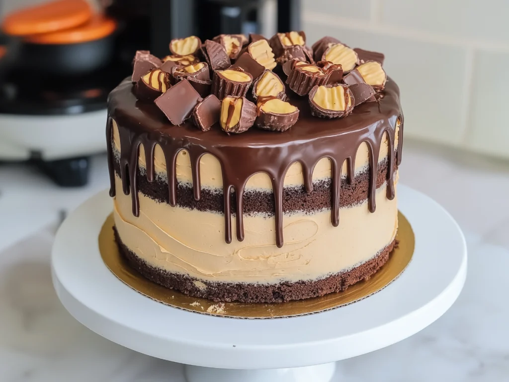 Decadent slice of Reese's Peanut Butter Cake with chocolate ganache and chopped peanut butter cups on top.