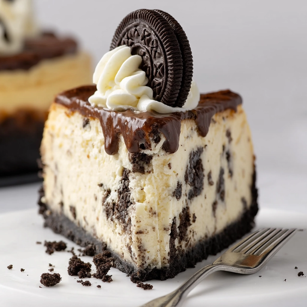 A luscious slice of Oreo Cheesecake with a dark cookie crust, creamy cheesecake filling mixed with Oreo cookie chunks, topped with rich chocolate ganache and whipped cream, garnished with a whole Oreo cookie.