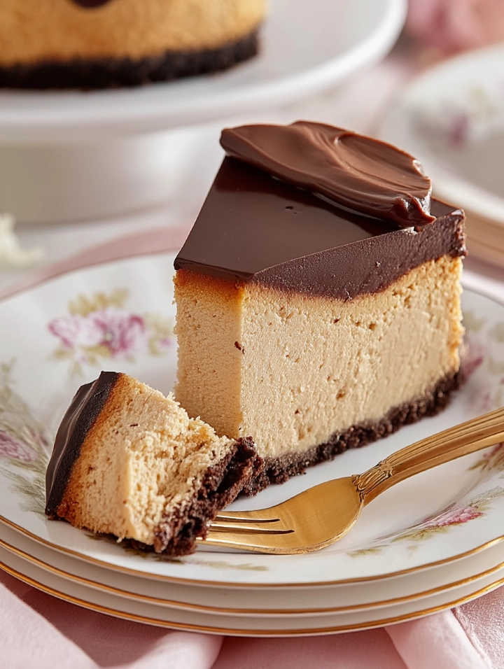 A close-up of a decadent peanut butter cheesecake slice with silky chocolate ganache and peanut butter cup toppings, served on a vintage floral porcelain plate with a golden rim and a soft pink cloth in the background.
