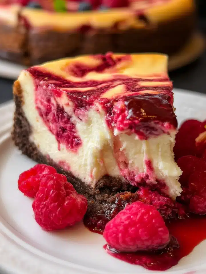 Elegant slice of White Chocolate Raspberry Cheesecake with rich raspberry swirls and a chocolate cookie crust, garnished with fresh raspberries and mint leaves.