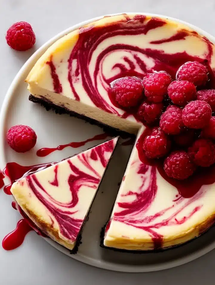 White Chocolate Raspberry Cheesecake topped with fresh raspberries and raspberry swirl sauce on a marble background with slices cut and ready to serve.