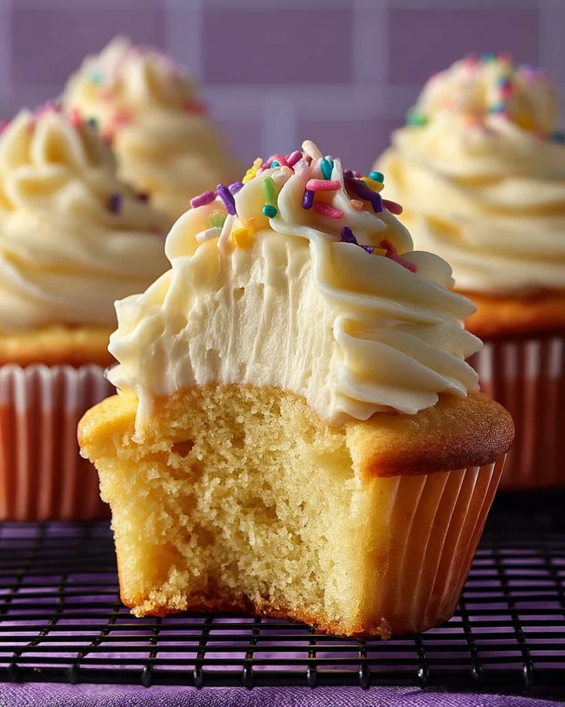 Yellow cupcake recipe with creamy buttercream frosting and rainbow sprinkles, bitten to reveal moist vanilla crumb.