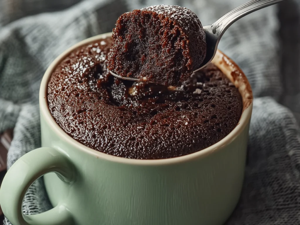 Close-up of a rich, gooey chocolate mug cake in a pastel green ceramic mug, with a spoon lifting a dense, fudgy bite.