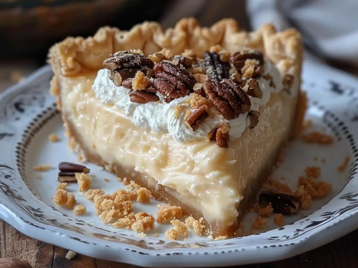 A slice of stupid pie recipe topped with whipped cream and pecans on a vintage plate, showcasing its creamy custard filling and flaky crust.