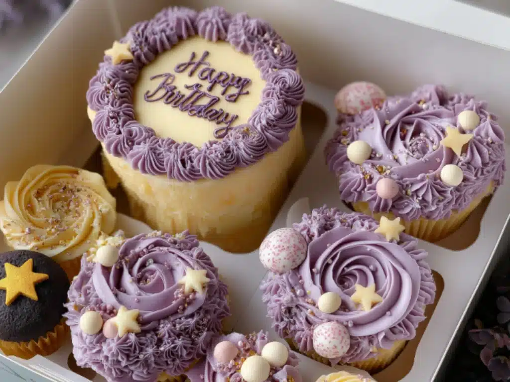 Bento cake with lavender buttercream and matching cupcakes in a bakery box decorated for a birthday.