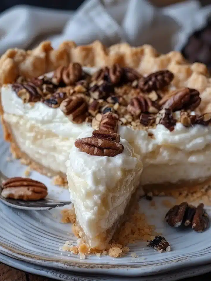 Close-up of a creamy stupid pie recipe slice topped with whipped cream and crunchy pecans, sitting on a decorative dessert plate.