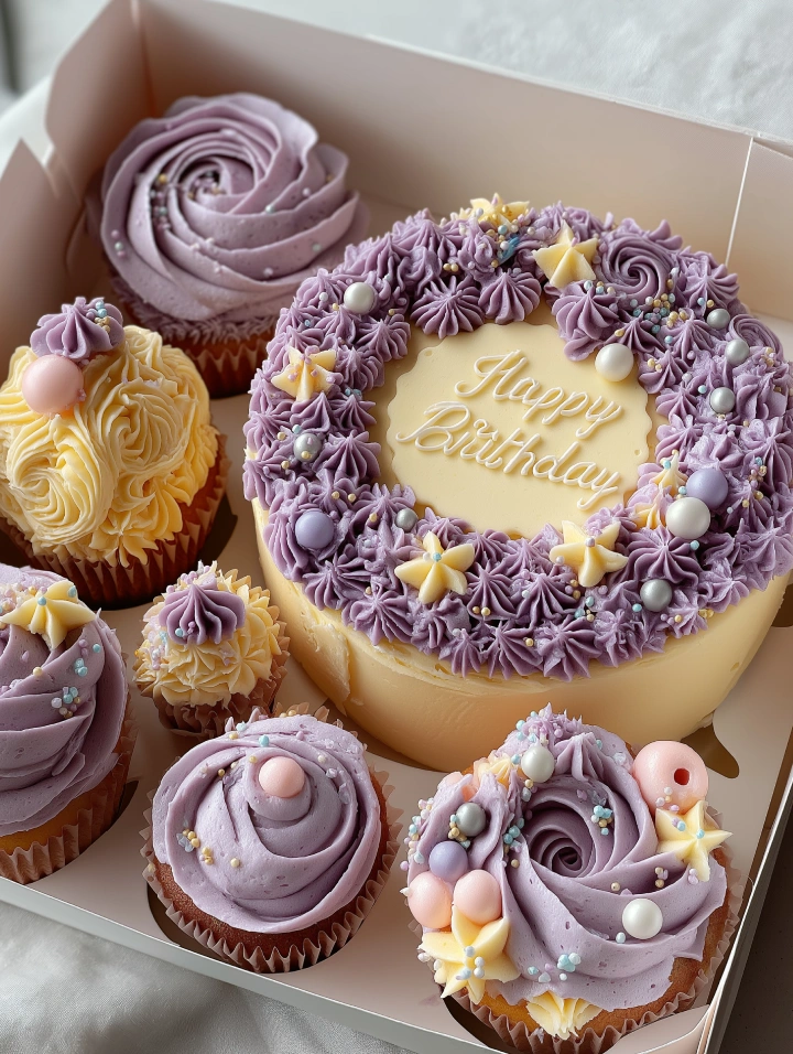 Elegant bento cake with lavender rosettes and matching cupcakes in a white gift box, decorated for a birthday.