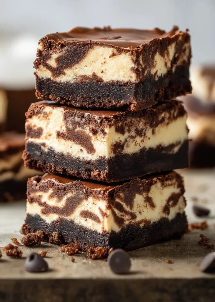 Stacked fudgy brownie cheesecake bars with chocolate chips on a wooden board, showing rich chocolate and creamy layers.