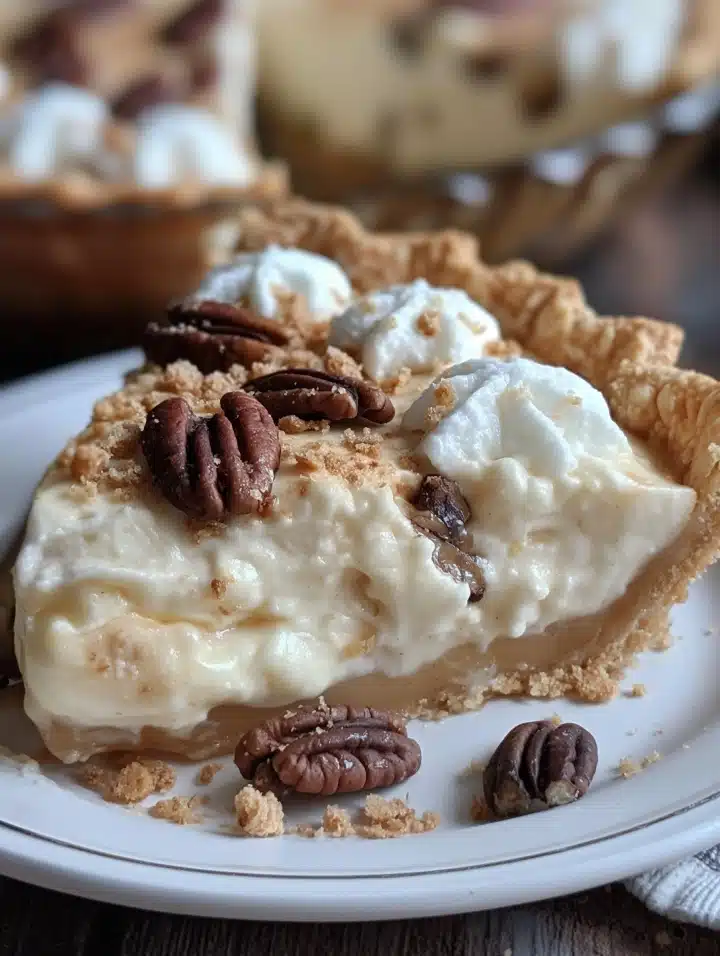 A rich slice of stupid pie recipe with homemade custard filling, flaky pie crust, whipped topping, and toasted pecans on a white plate.