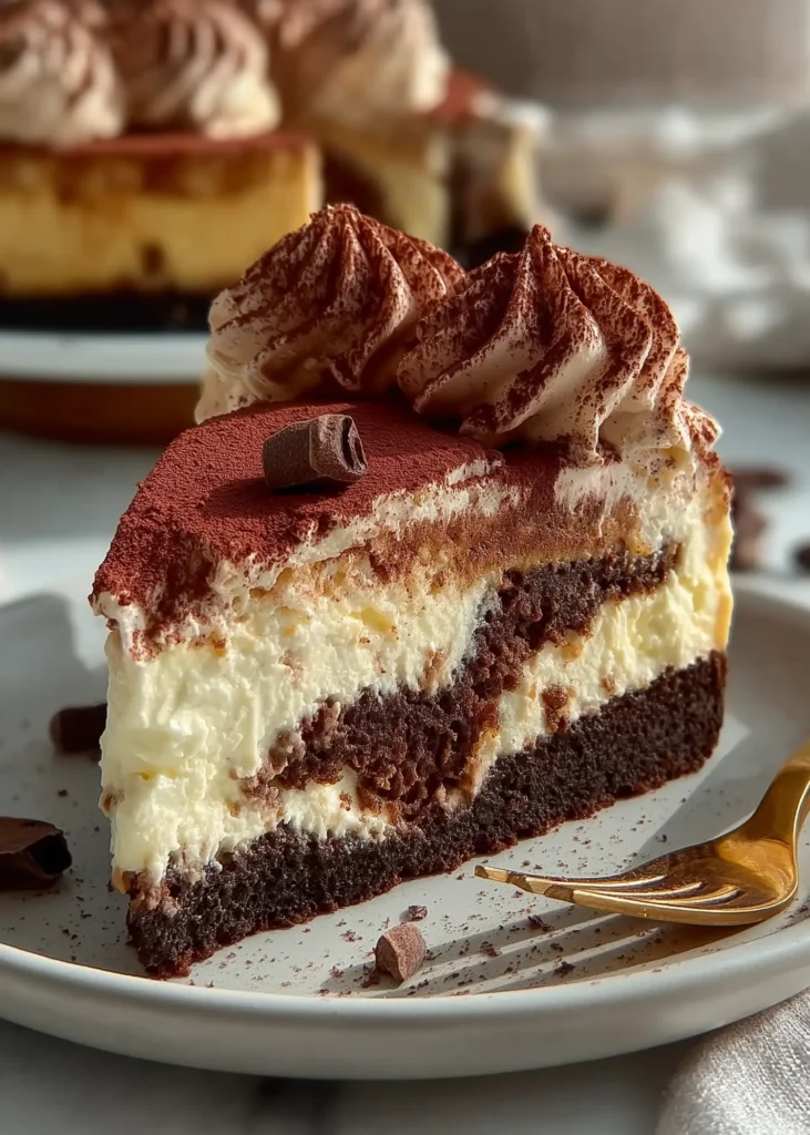 Whole tiramisu cheesecake on a white cake stand with layered mascarpone filling, chocolate crust, piped cocoa-dusted cream, and chocolate shavings.