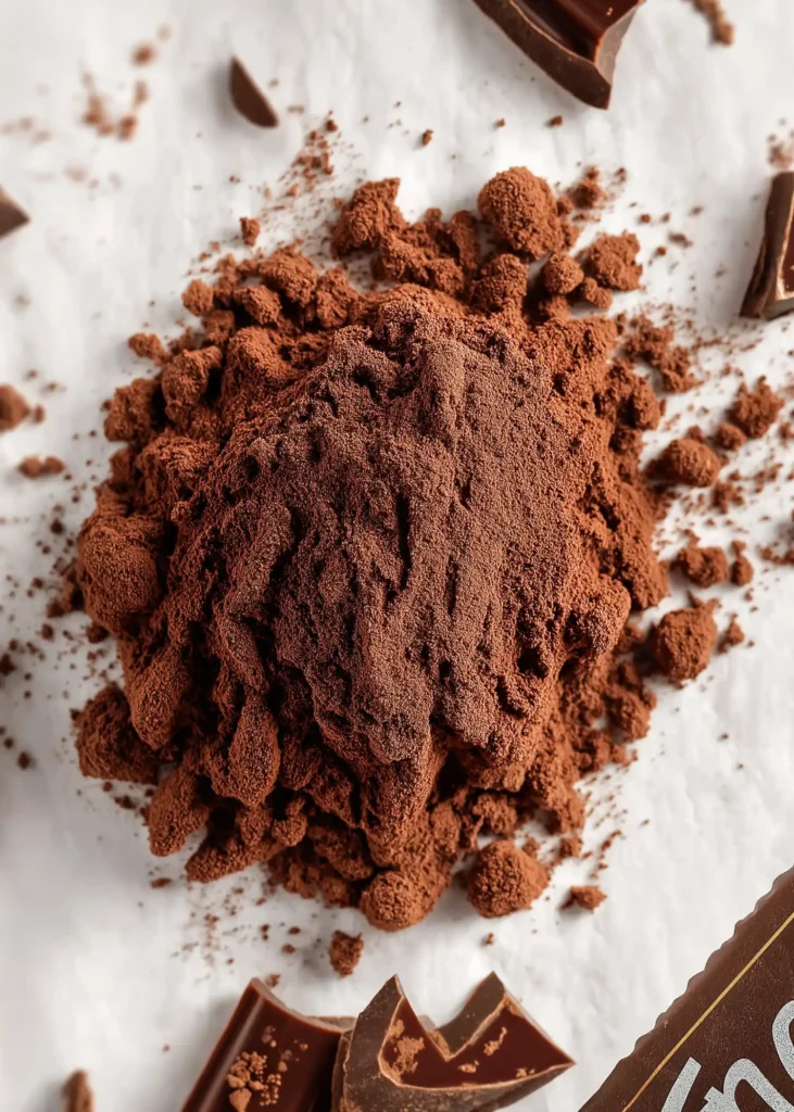 A close-up overhead view of Dutch-process cocoa powder scattered on a white background, showcasing its rich texture and reddish-brown color.