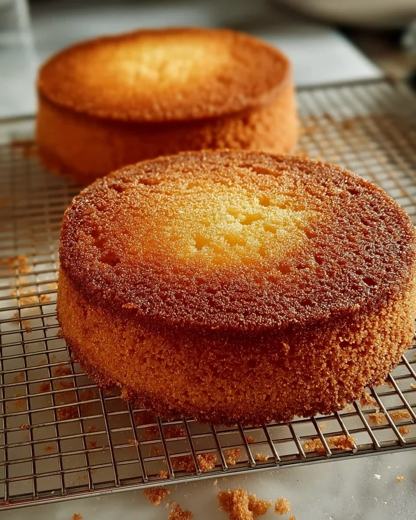 Two round sponge cake layers cooling on a metal wire rack, freshly baked with golden brown crusts.