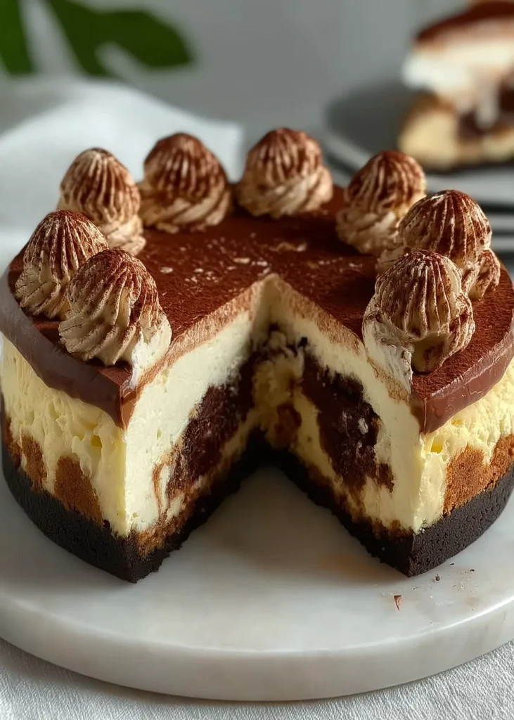 Whole tiramisu cheesecake on a marble cake stand with a slice being served, showcasing layers of cream, coffee-soaked ladyfingers, and cocoa mascarpone topping.