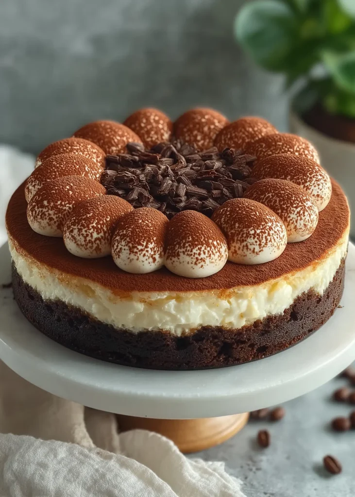 Full tiramisu cheesecake with coffee mascarpone topping and cocoa dusting on a marble cake stand, surrounded by rustic decor and natural lighting.