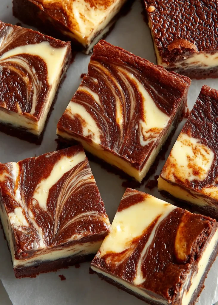 Top view of sliced brownie cheesecake squares with rich chocolate and creamy cheesecake swirls on parchment paper.