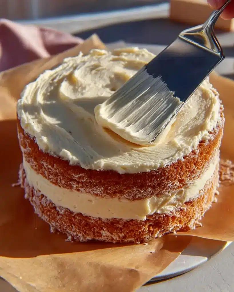 Spreading buttercream on a sponge cake with an offset spatula, preparing the crumb coat layer.