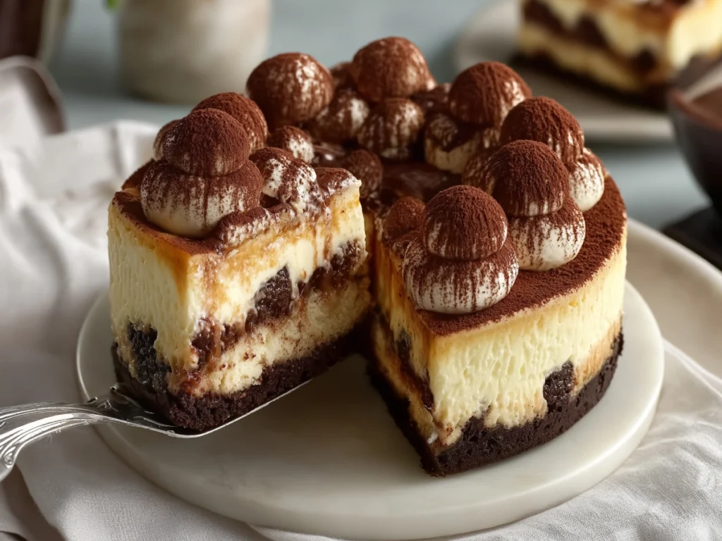 Rich slice of tiramisu cheesecake with layers of chocolate cookie crust, mascarpone filling, coffee-soaked ladyfingers, and cocoa topping on a plate.